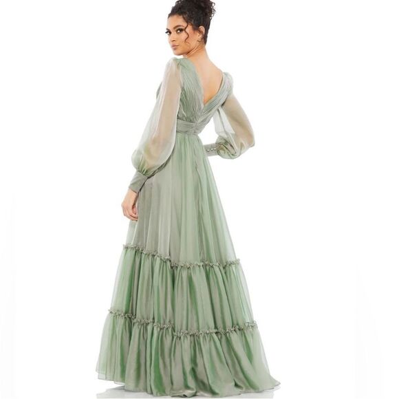 NWT Mac Duggal 67864 Long Sleeve Satin Chiffon Tiered Gown Dress Sage Green - Picture 4 of 15